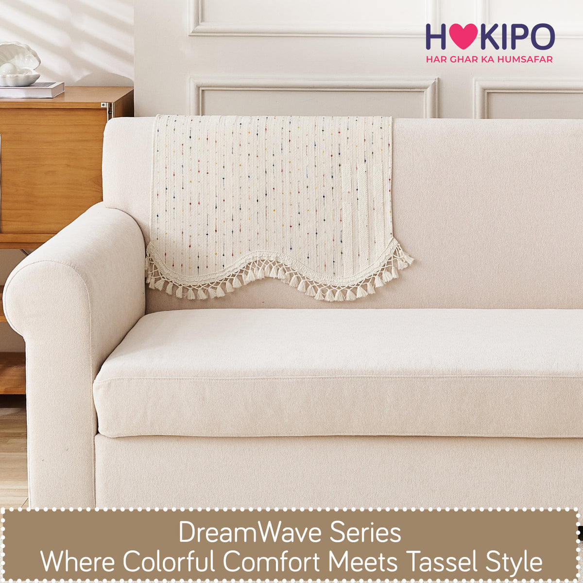 DreamWave Chenille with Tassels Sofa Cover Mat, Latte Beige