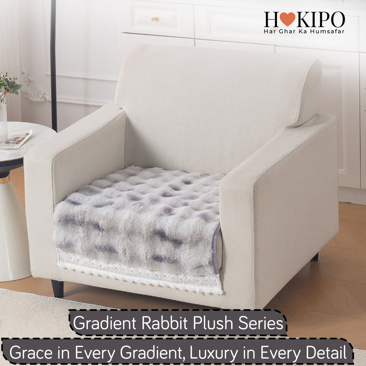 Faux Rabbit Fur Sofa Cover with Lace |Gradient Rabbit Plush, Grey