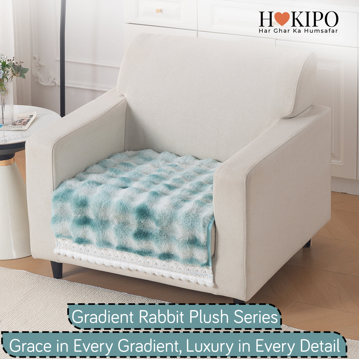 Faux Rabbit Fur Sofa Cover with Lace |Gradient Rabbit Plush, Green