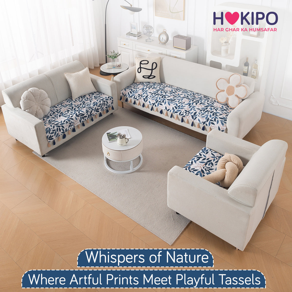 'Whispers of Nature' Series Holland Velvet Sofa Mat with Tassel, Indigo Foliage