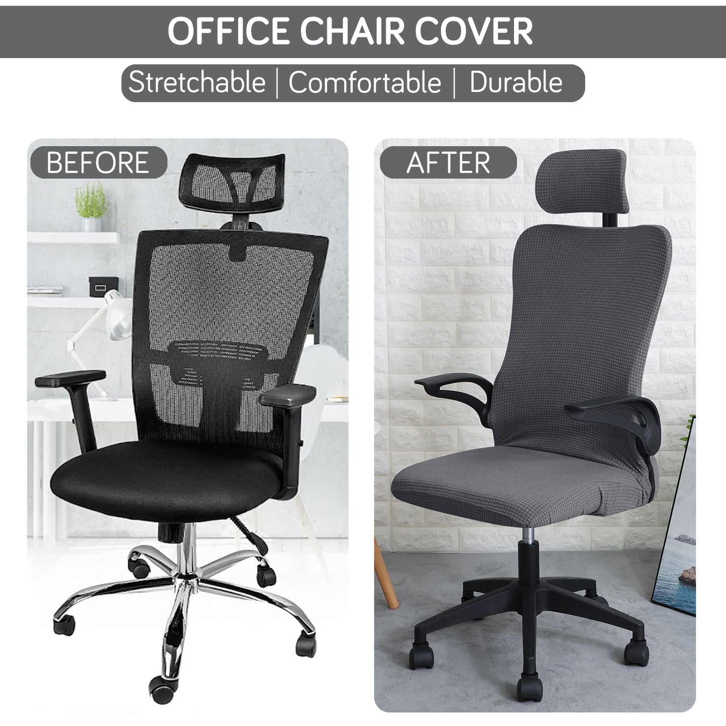 Water Repellent Office Chair Cover with Headrest (High-Back) – 210 GSM Stretch Jacquard – Washable, Anti-Slip Fit for Ergonomic Mesh Office Chairs, Dark Grey