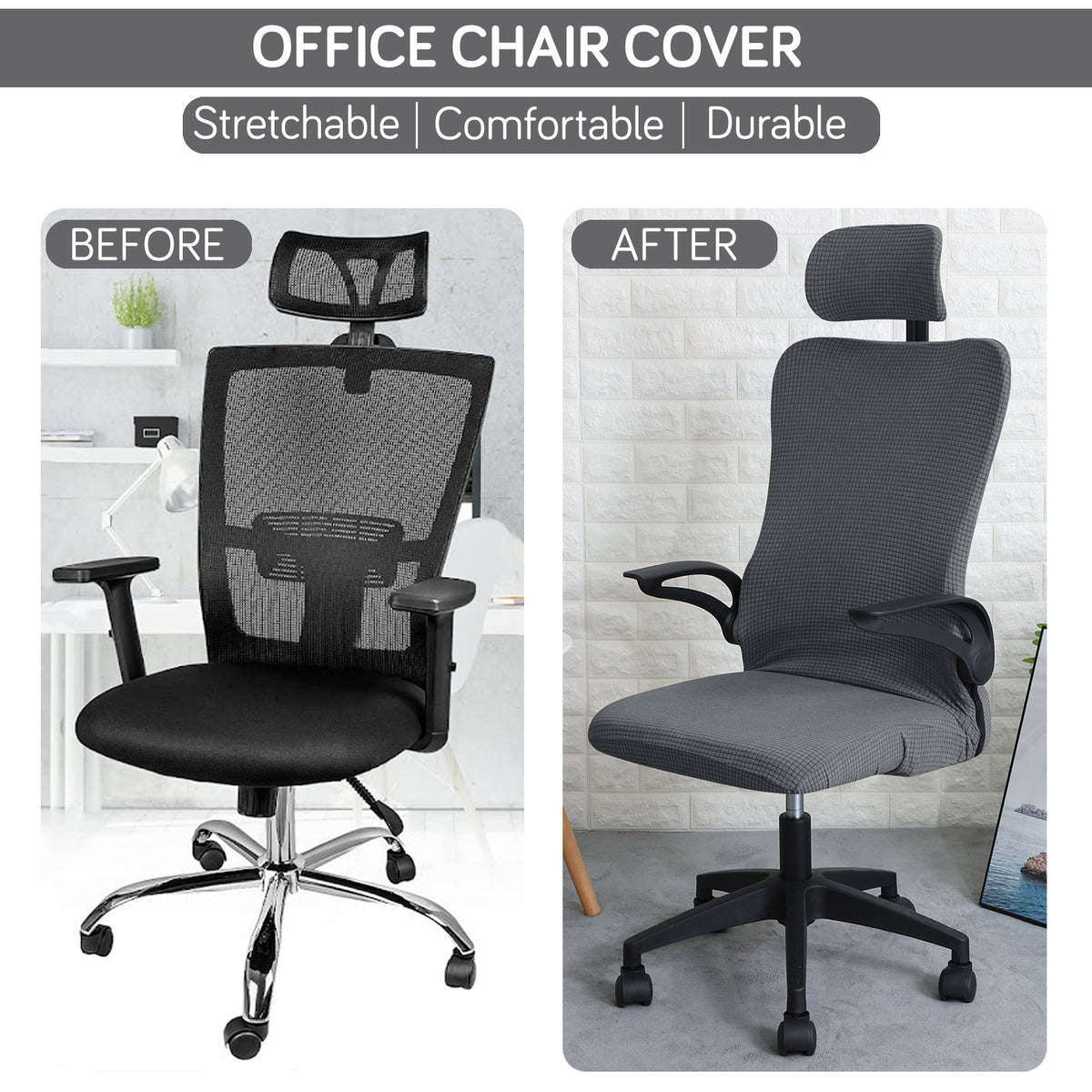 Water Repellent Office Chair Cover with Headrest (High-Back) – 210 GSM Stretch Jacquard – Washable, Anti-Slip Fit for Ergonomic Mesh Office Chairs, Dark Grey