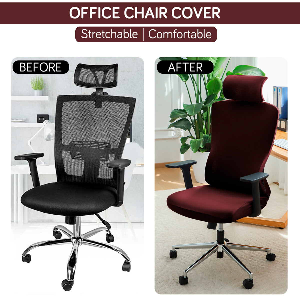 Office Chair Cover with Headrest (High-Back) – 140 GSM Stretch Fabric – Washable, Anti-Slip Fit for Ergonomic Mesh Office Chairs,  Burgundy