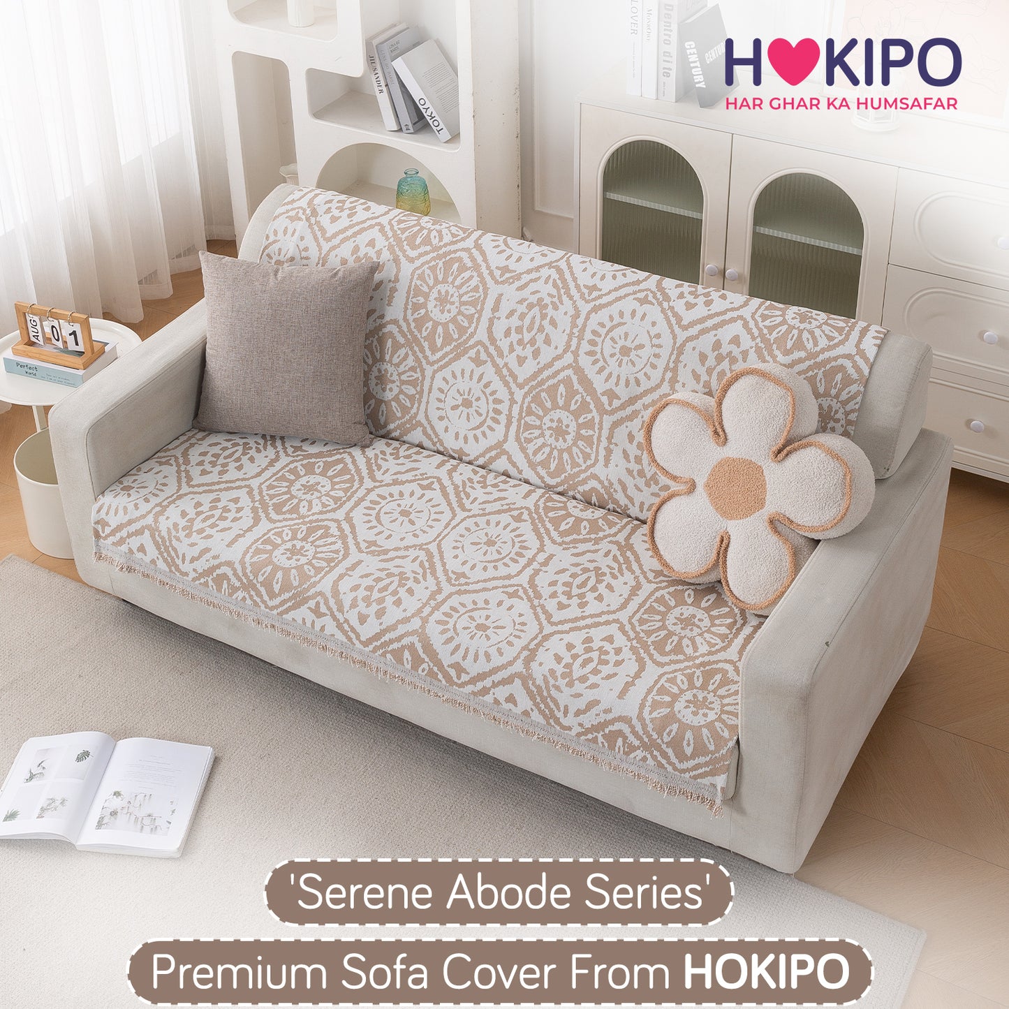 Premium 320 GSM Chenille Sofa Cover 'Serene Abode Series', Boho Floral Tile