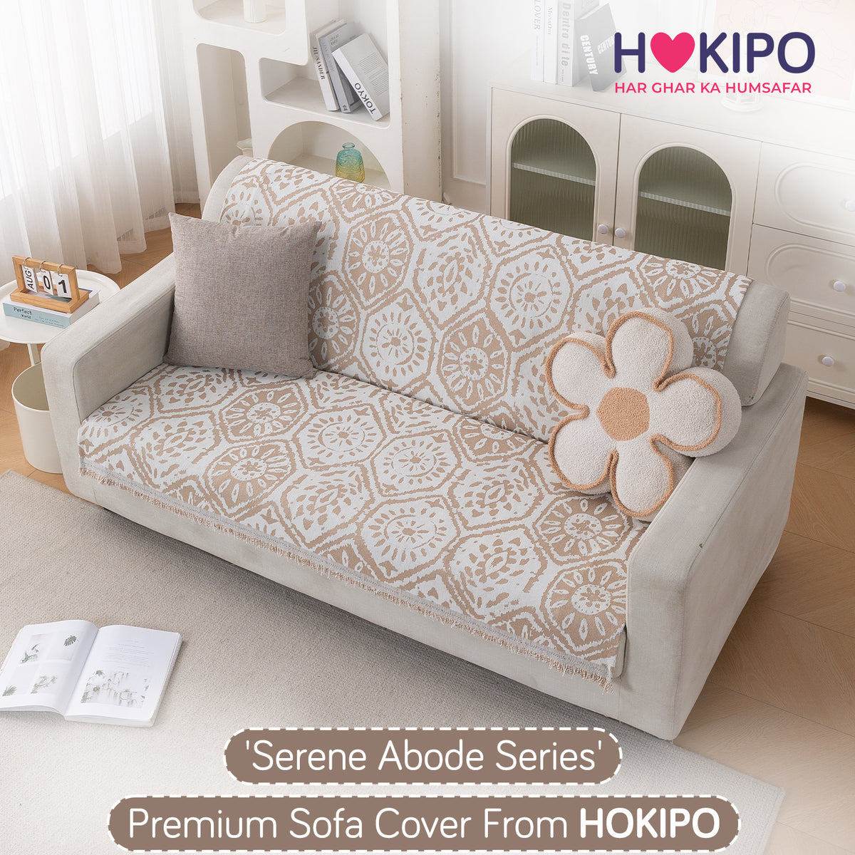 Premium 320 GSM Chenille Sofa Cover 'Serene Abode Series', Boho Floral Tile