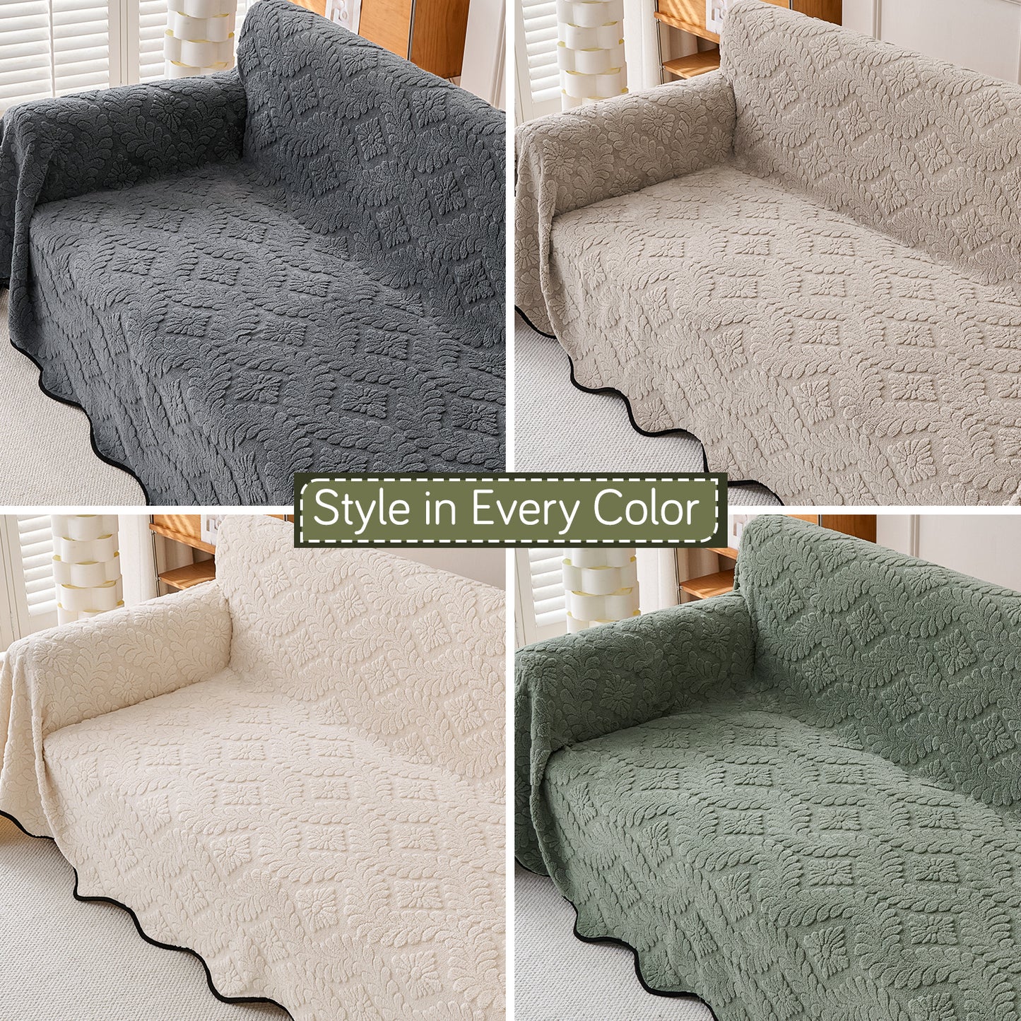 'Wavy Petal Crest Series' Plush Sofa Cover Throw for Complete Sofa, Sage Green