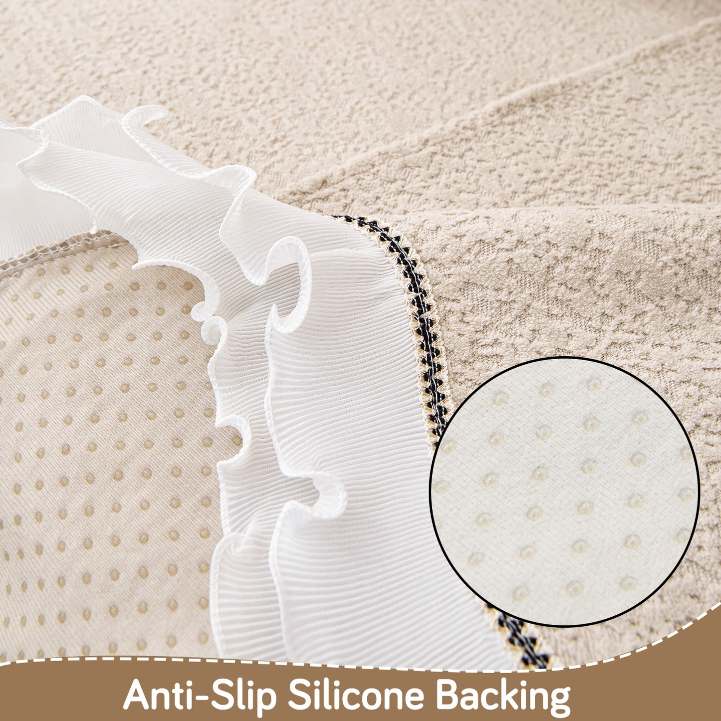 French Classic Frill Wavy Sofa Cover Mat with Curve & Lace - Champagne Beige