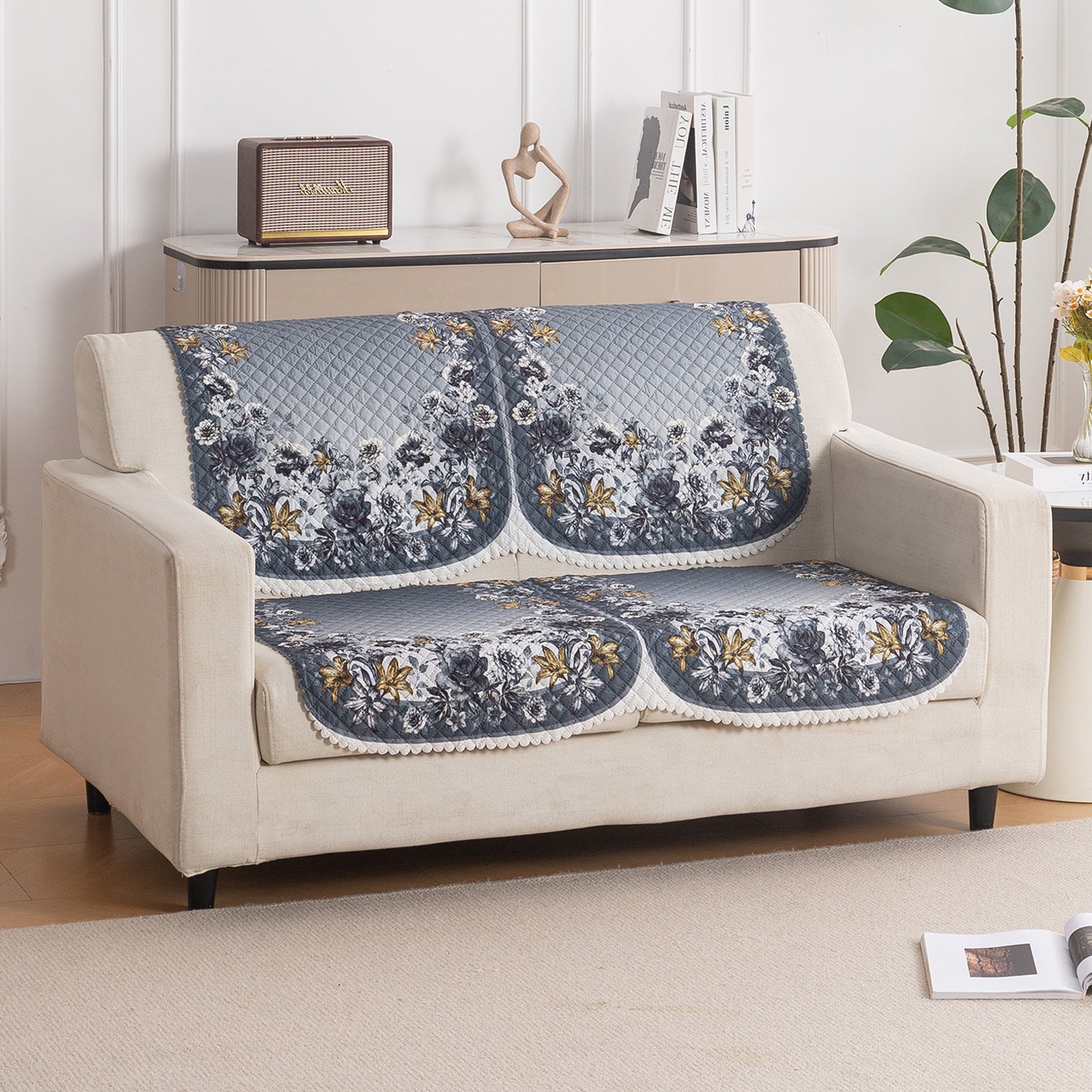 LoomVerse Quilted Sofa Cover Set Washable Sofa Panel for Seat & Back - Blue Belle