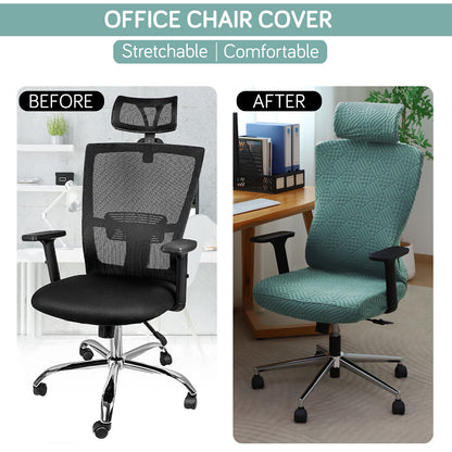 Office Chair Cover with Headrest (High-Back) – 170 GSM Stretch Jacquard – Washable, Anti-Slip Fit for Ergonomic Mesh Office Chairs, Green