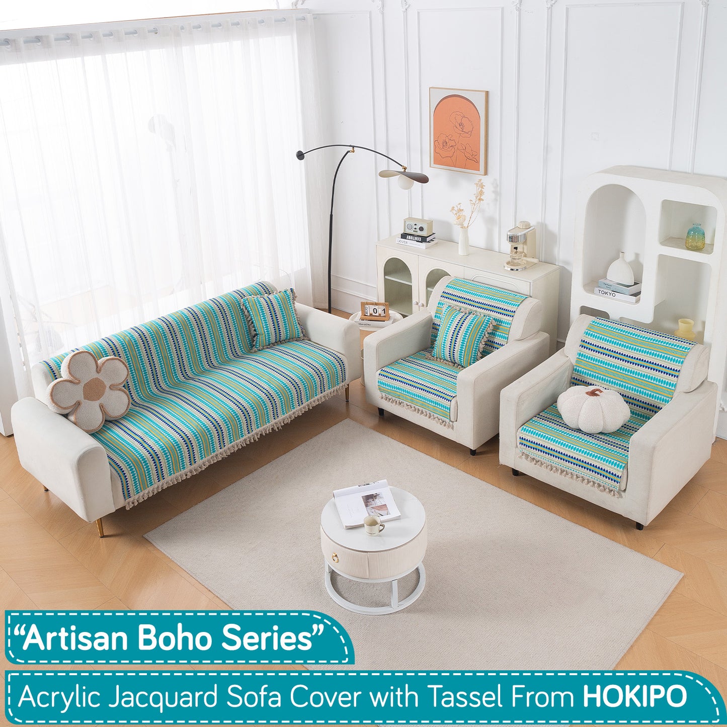 Artisan Boho Series 5-Seater Sofa Cover with Tassels (3+1+1), Aqua Blue
