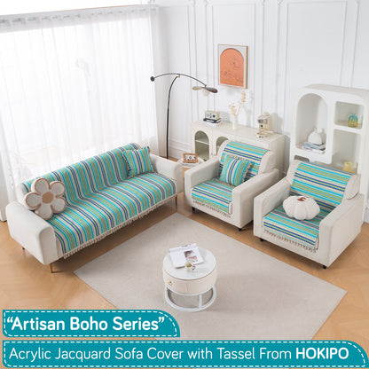 Artisan Boho Series 5-Seater Sofa Cover with Tassels (3+1+1), Aqua Blue