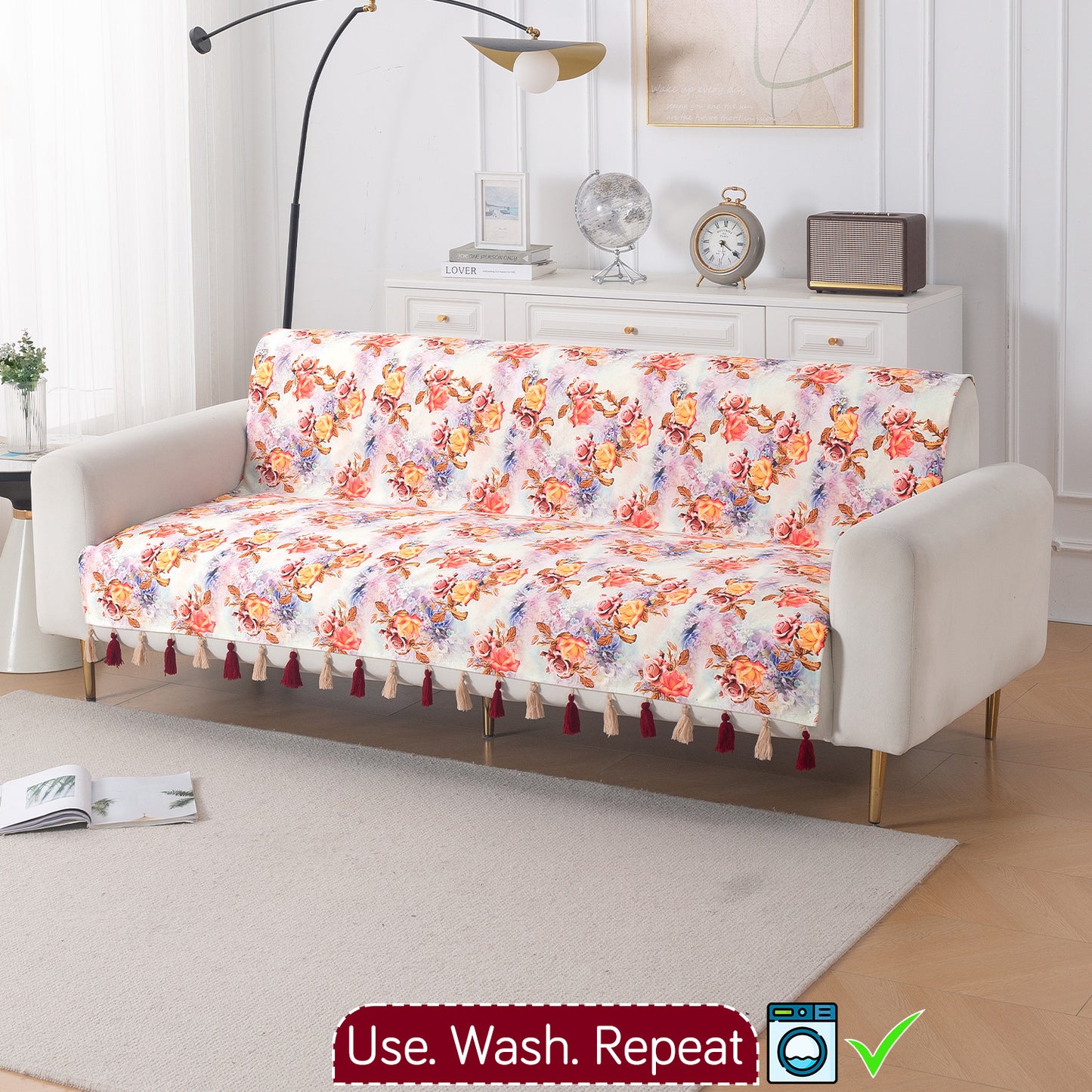 'Whispers of Nature' Series Holland Velvet Sofa Cover with Tassel, Vintage Rose Bloom