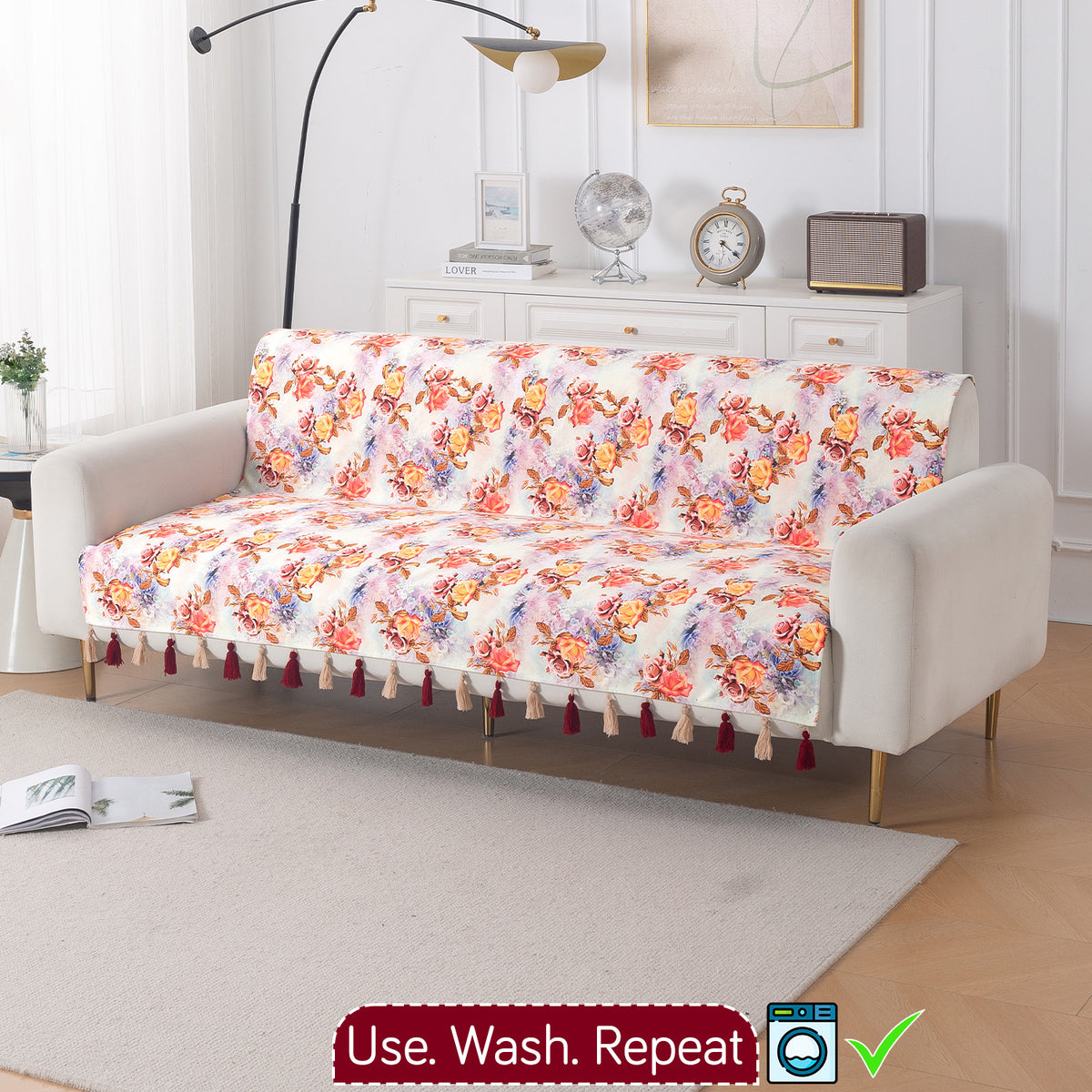 'Whispers of Nature' Series Holland Velvet Sofa Cover with Tassel, Vintage Rose Bloom