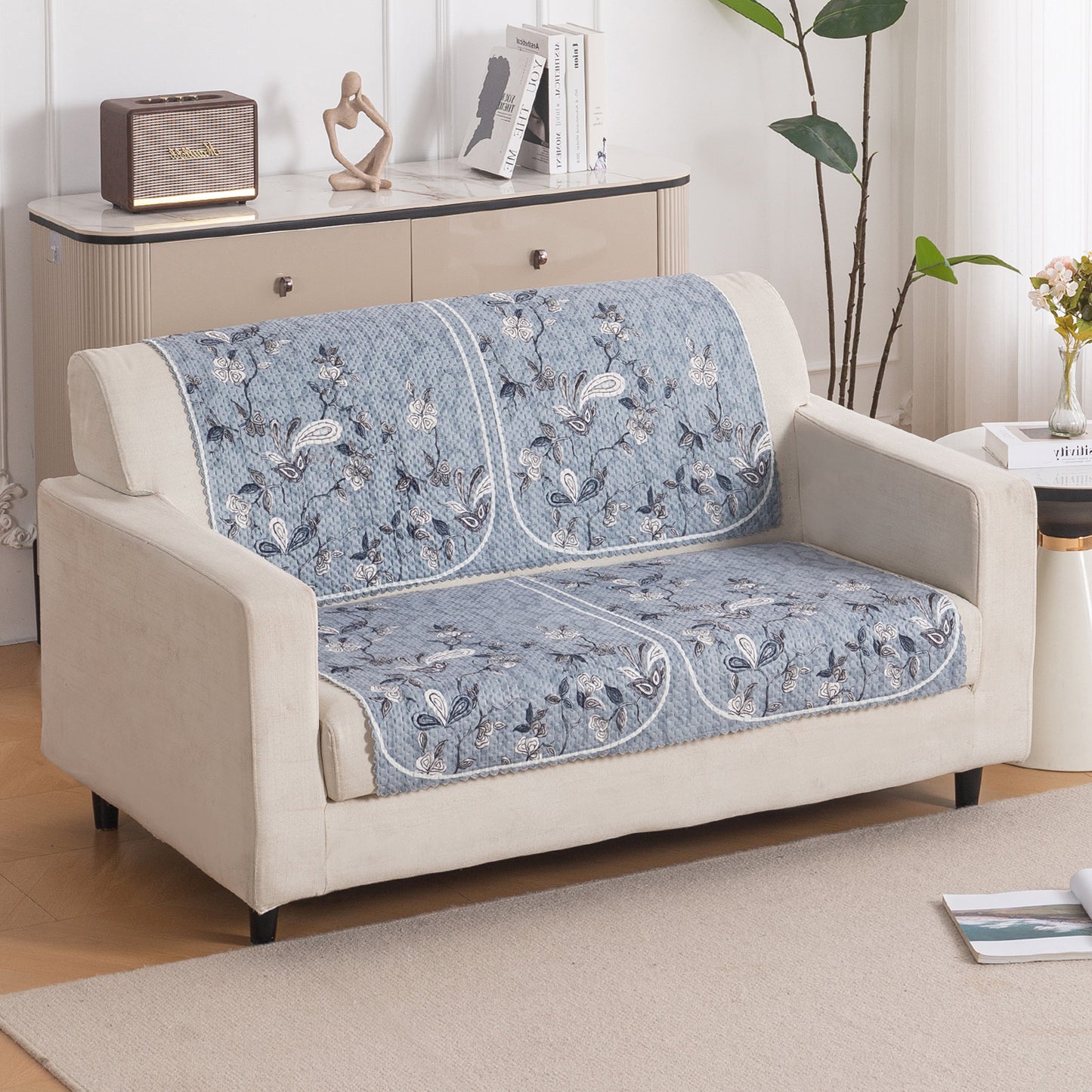 HeavenHue Fleece Soft Touch Quilted Sofa Cover Set Washable Sofa Panel for Seat & Back - Frosted Petals