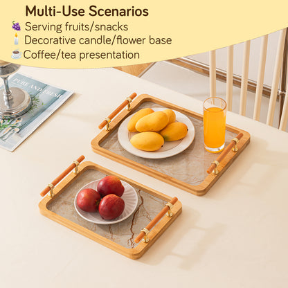 Luxury Bamboo Serving Tray Set with Faux Marble Base with Golden Handles