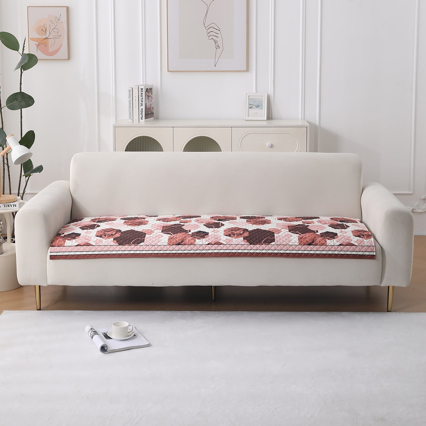 LiefNest Printed Holland Velvet Sofa Mat with Foam Filling - Geometric Hexagon Cider Red for 1/2/3 Seater & Armrest