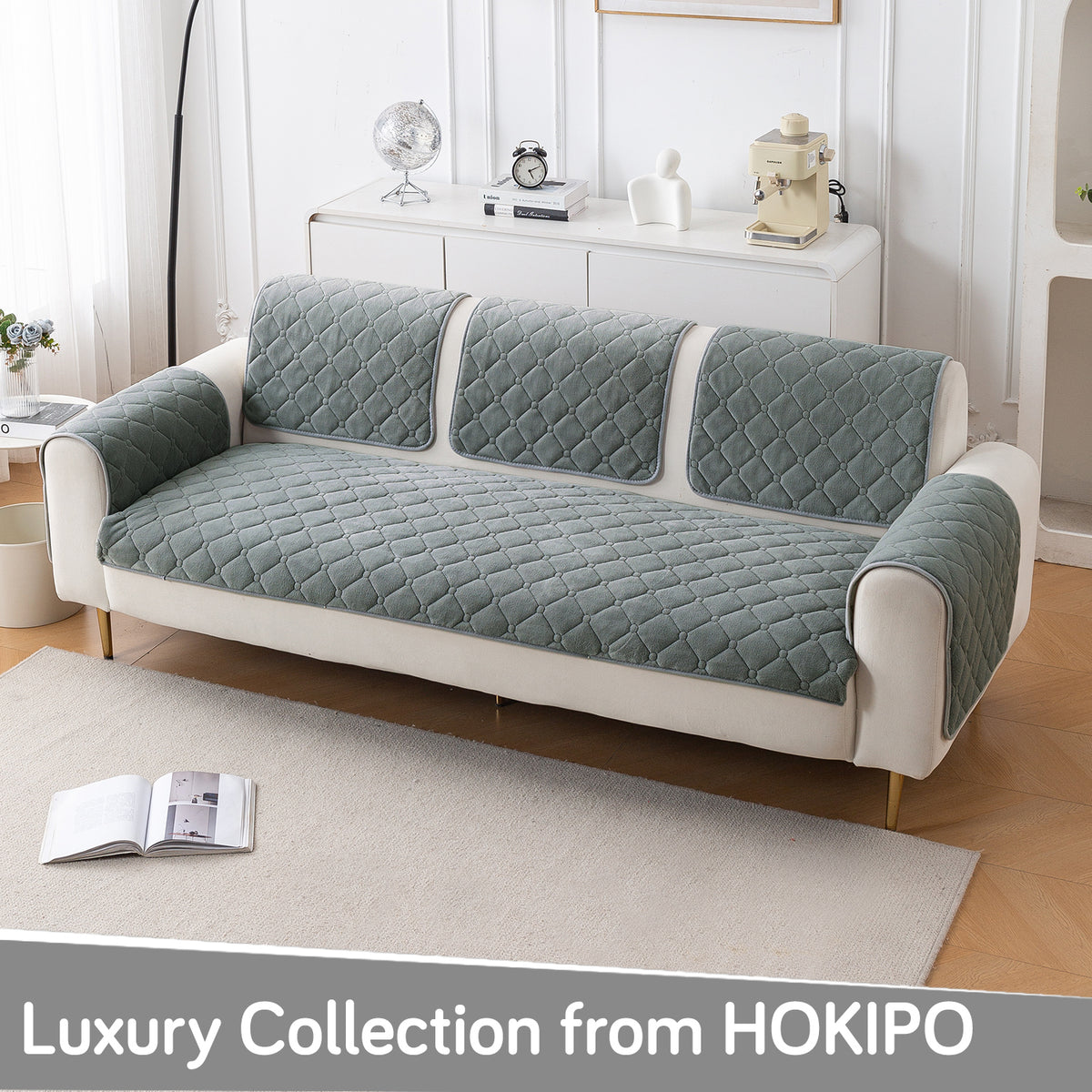 Diamond Tuft Plush Sofa Cover Mat, Stone Grey