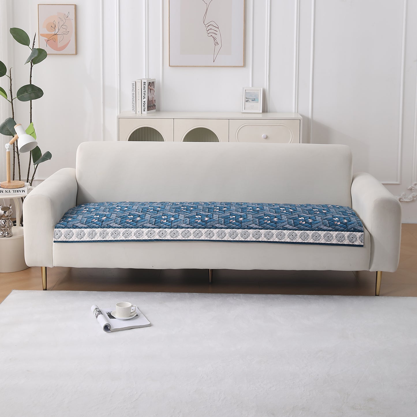 LiefNest Holland Velvet Sofa Cover Mat with Foam Filling - Geometric Floral Oriental Blue