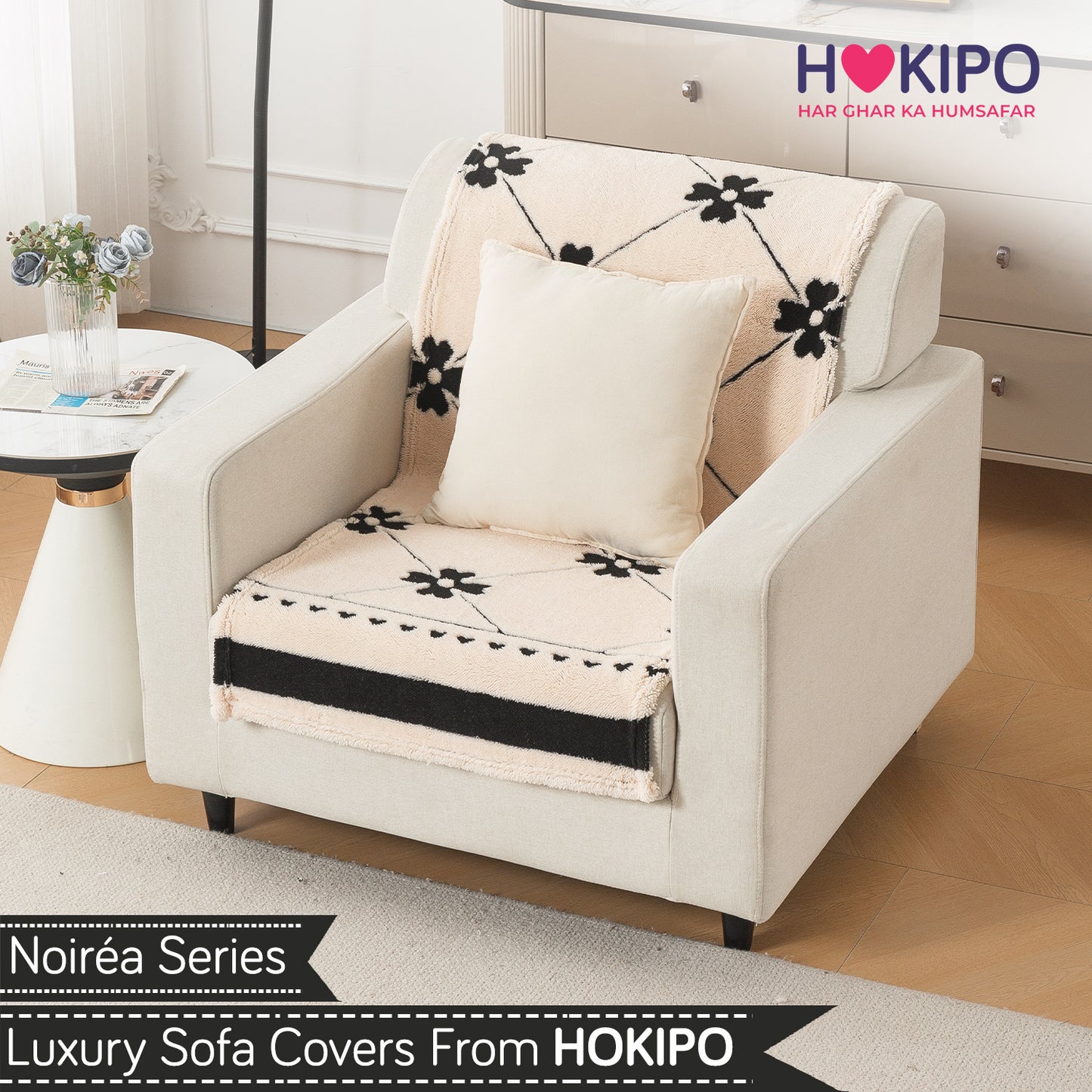 'Noirea Series' Plush Sofa Cover for Seat & Back, Floral Lattice