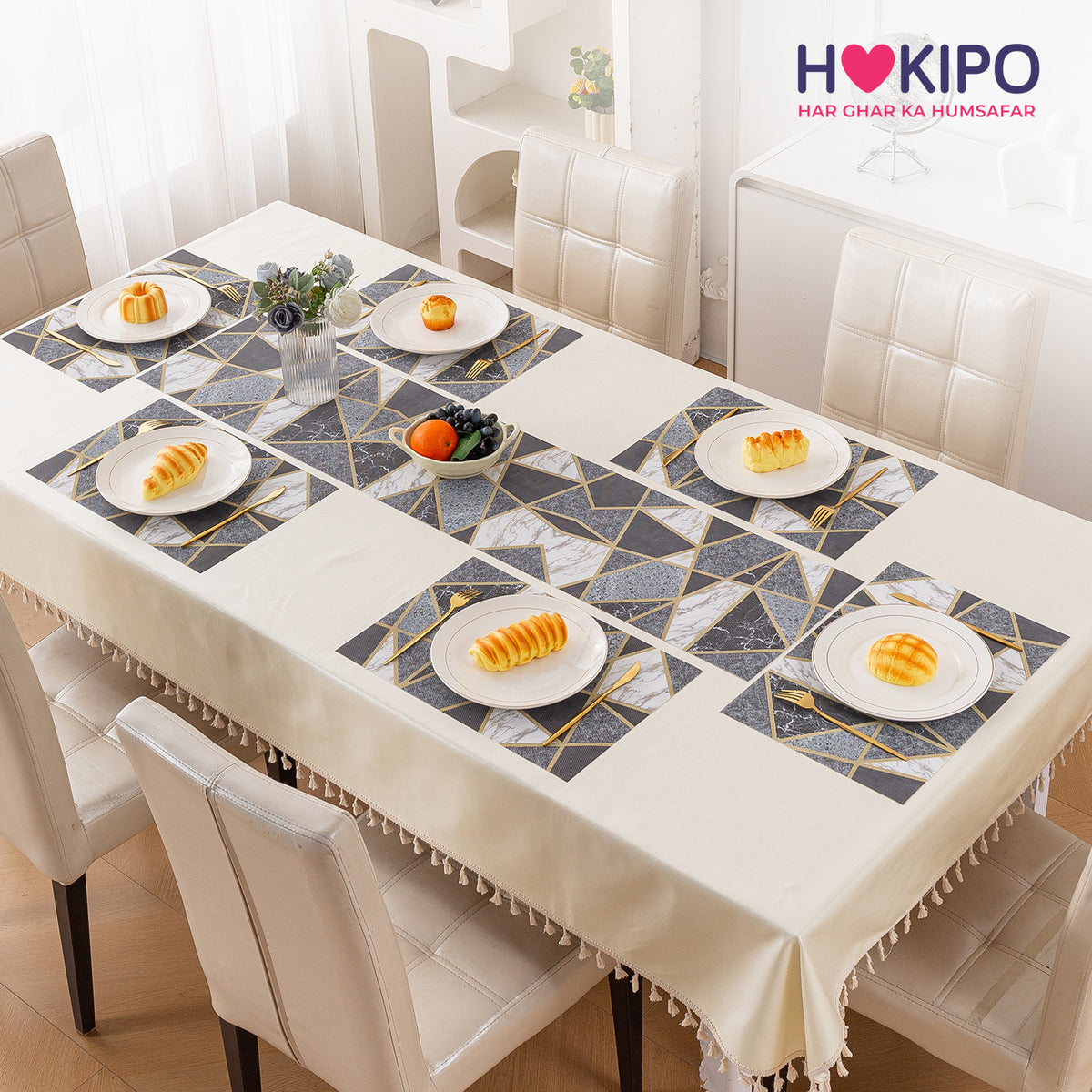 Marble Fusion PVC Mats for Dining Table, Geo Triangles - Charcoal Grey