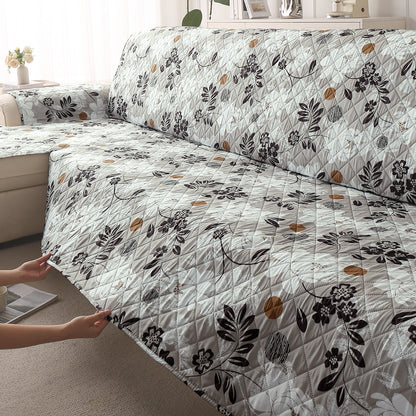 Elira Series Quilted One-Piece L Shape Sofa Cover Mat with Left and Right Chaise, Feather Brown Floral