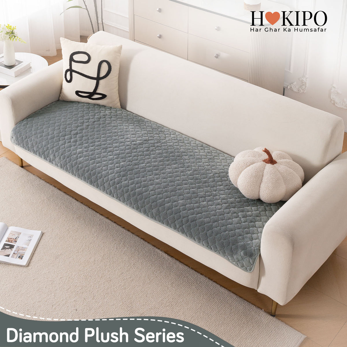 Diamond Plush Pebble Quilted Sofa Cover Mat, Grey