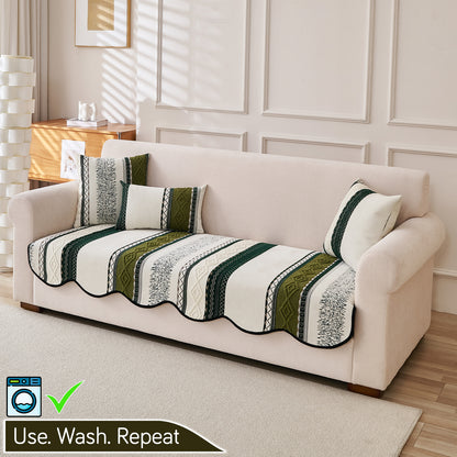 HOKIPO Boho Geometry Sofa Cover Mat|'Valenca Wavy Luxe Series' Moss Green