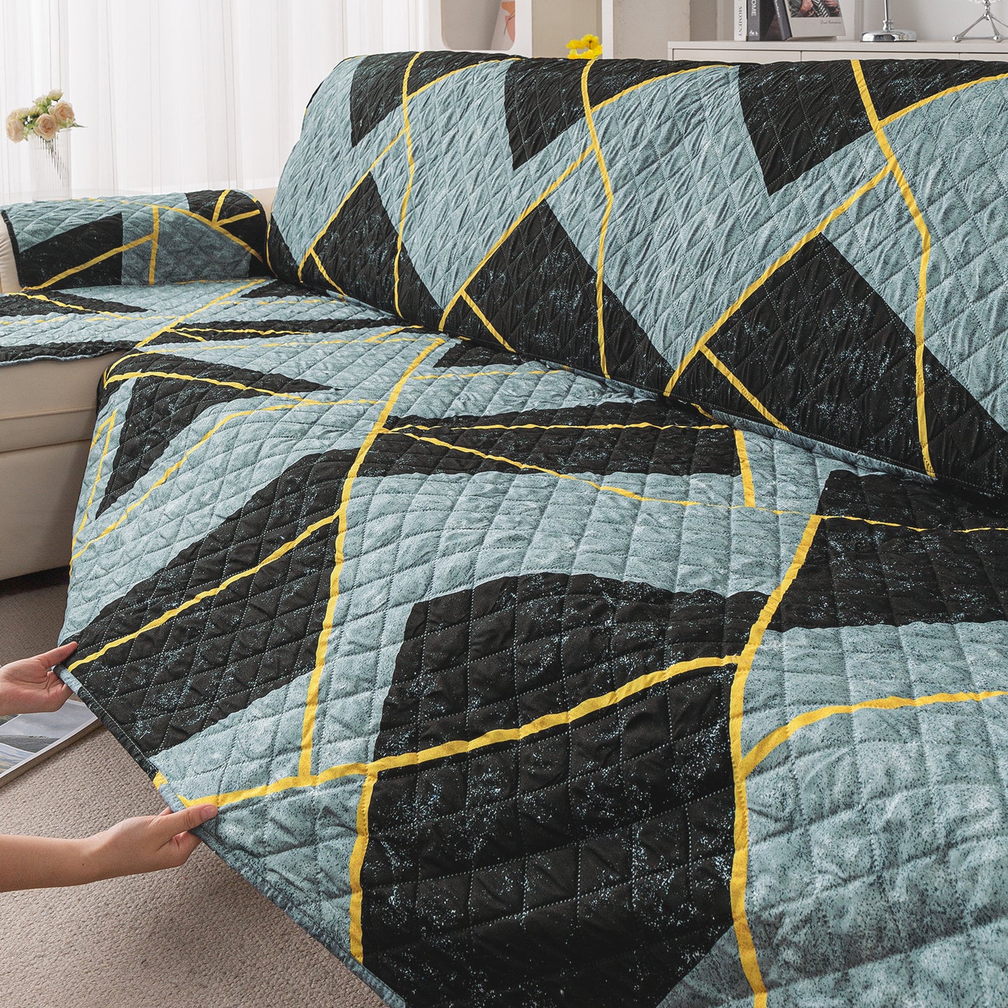 Elira Series Quilted One-Piece L Shape Sofa Cover Mat with Left and Right Chaise, Multicolor Abstract Geometry