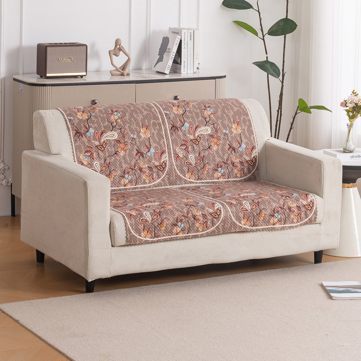 Buy Vintage Bloom HeavenHue quilted sofa cover for two seater, elegant floral fleece design | Hokipo