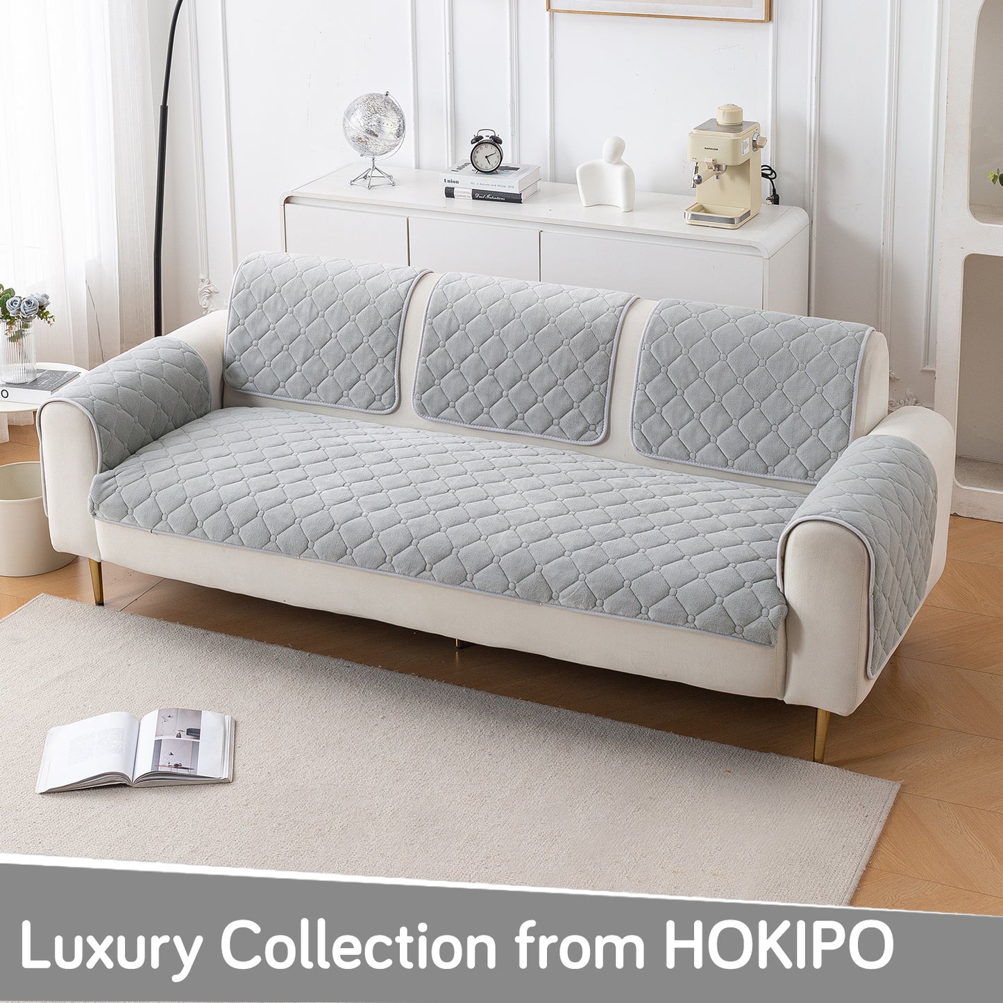 Diamond Tuft Plush Sofa Cover Mat, Mist Grey