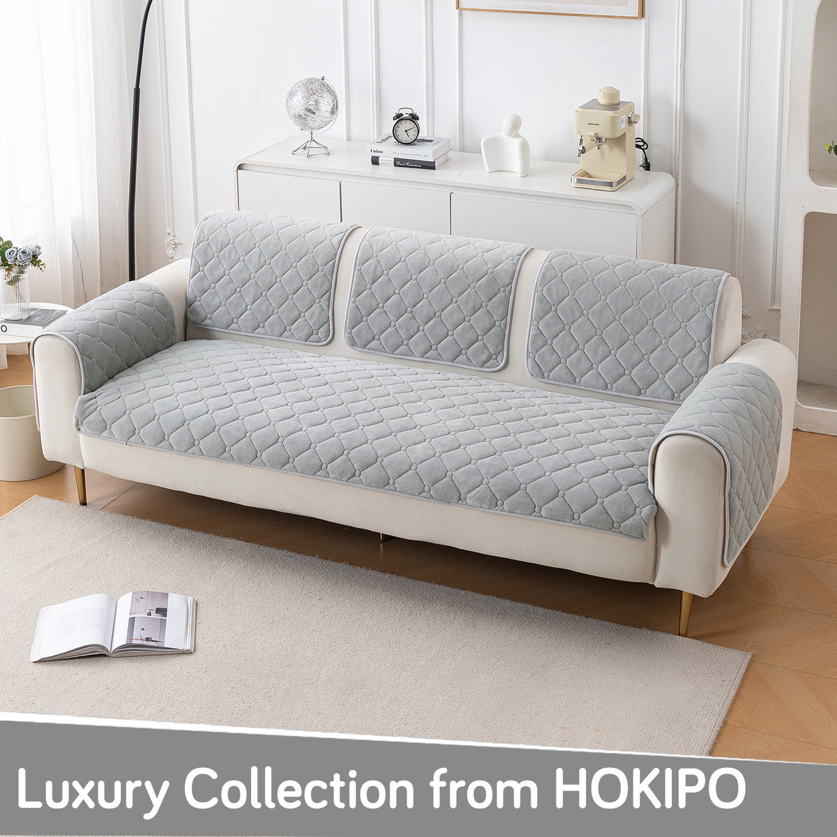 Diamond Tuft Plush Sofa Cover Mat, Mist Grey