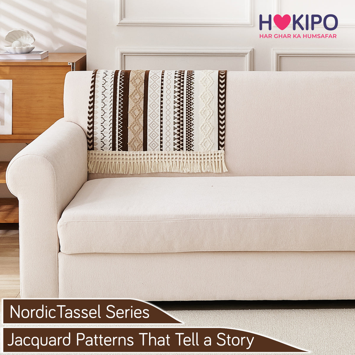 Nordic Boho Geometric Sofa Cover Mat with Tassel, 'Nordic Tassel Series'  Chocolate Brown