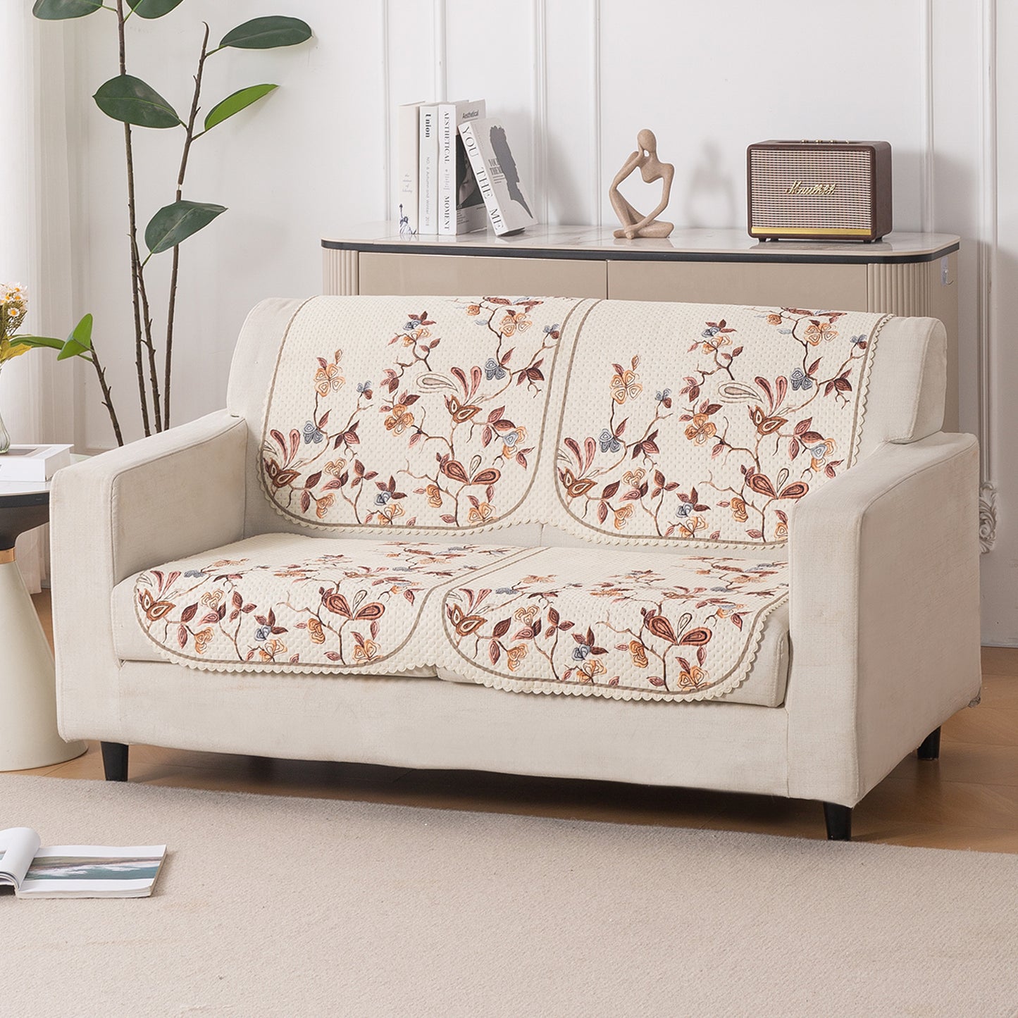HeavenHue Fleece Soft Touch Quilted Sofa Cover Set – Washable Sofa Panel for Seat & Back - Autumn Whisper