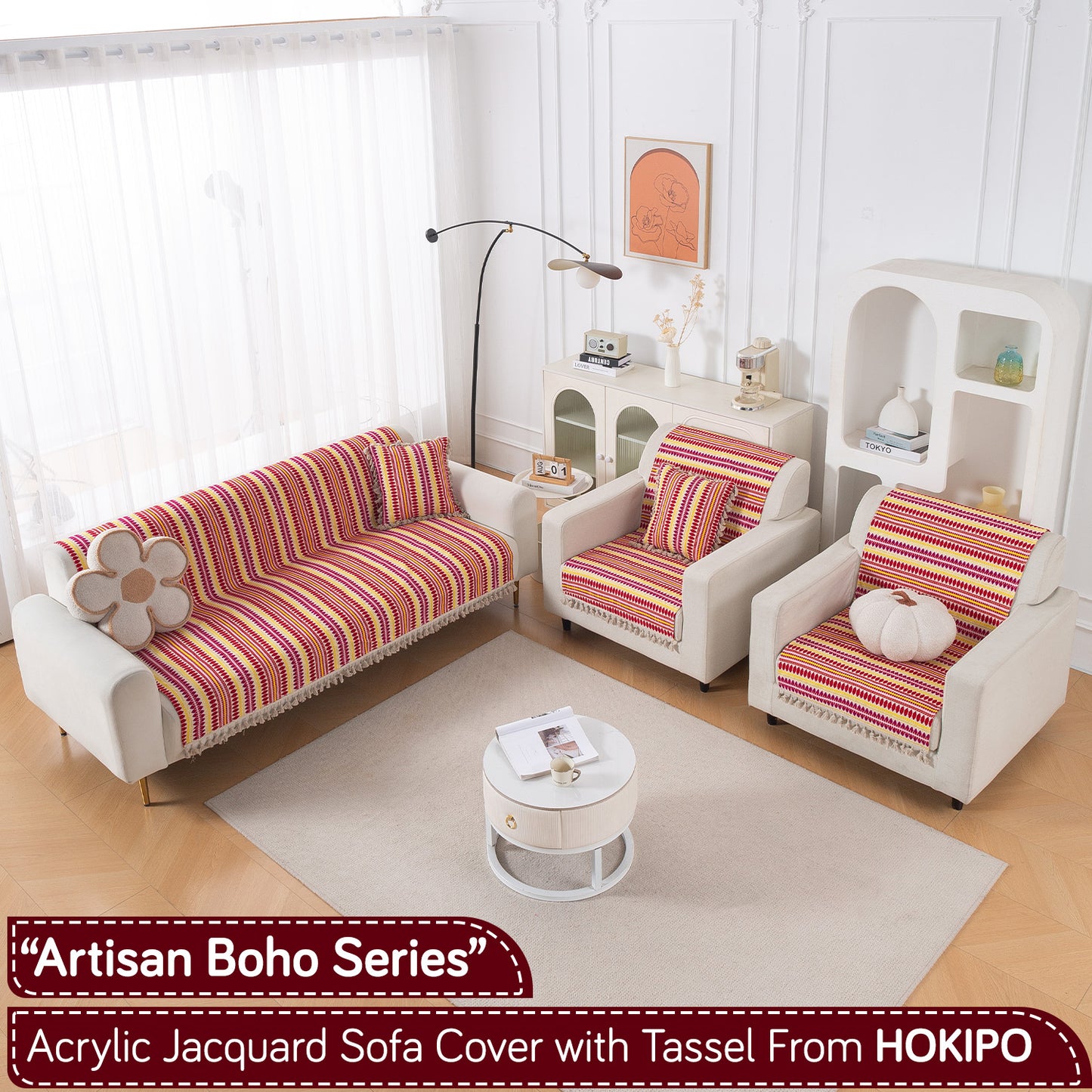 Artisan Boho Series 5-Seater Sofa Cover with Tassels (3+1+1), Ruby Red