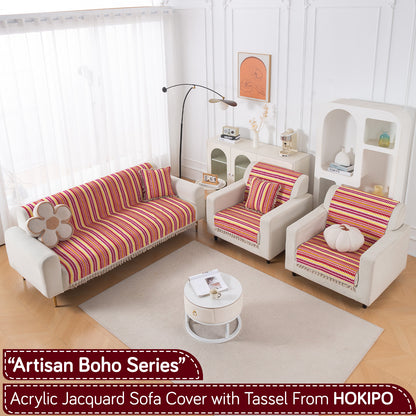 Artisan Boho Series 5-Seater Sofa Cover with Tassels (3+1+1), Ruby Red