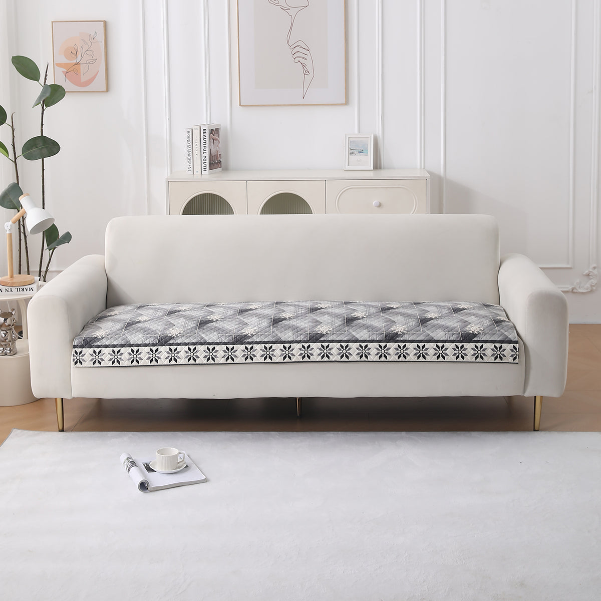 LiefNest Holland Velvet Sofa Cover Mat with Foam Filling - Snowflakes Gradient Grey