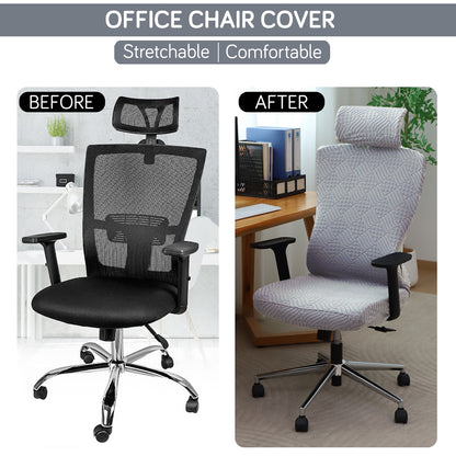 Office Chair Cover with Headrest (High-Back) – 170 GSM Stretch Jacquard – Washable, Anti-Slip Fit for Ergonomic Mesh Office Chairs, Light Grey