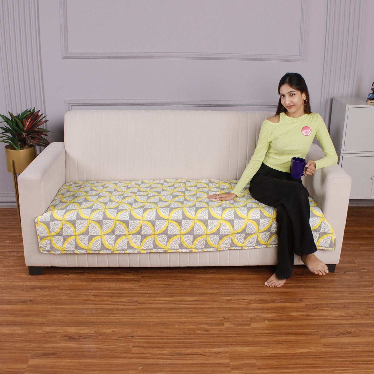 Quilted Sofa Seat Mat Covers for 1/2/3 Seater Sofa, Windmill Cyber Yellow