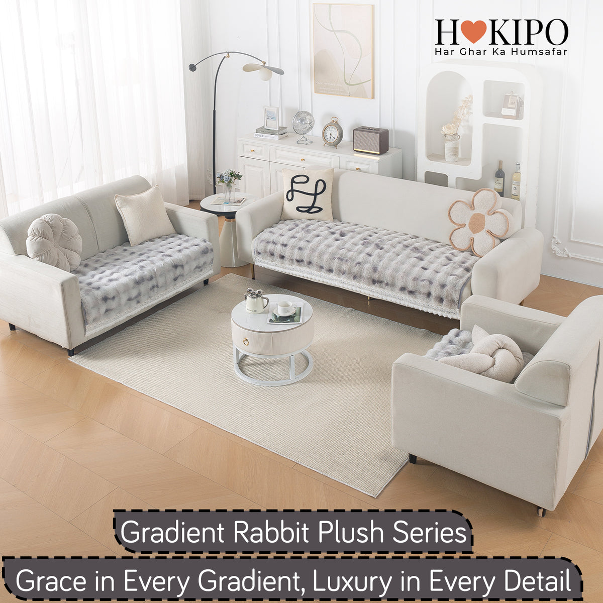 Faux Rabbit Fur Sofa Cover with Lace |Gradient Rabbit Plush, Grey