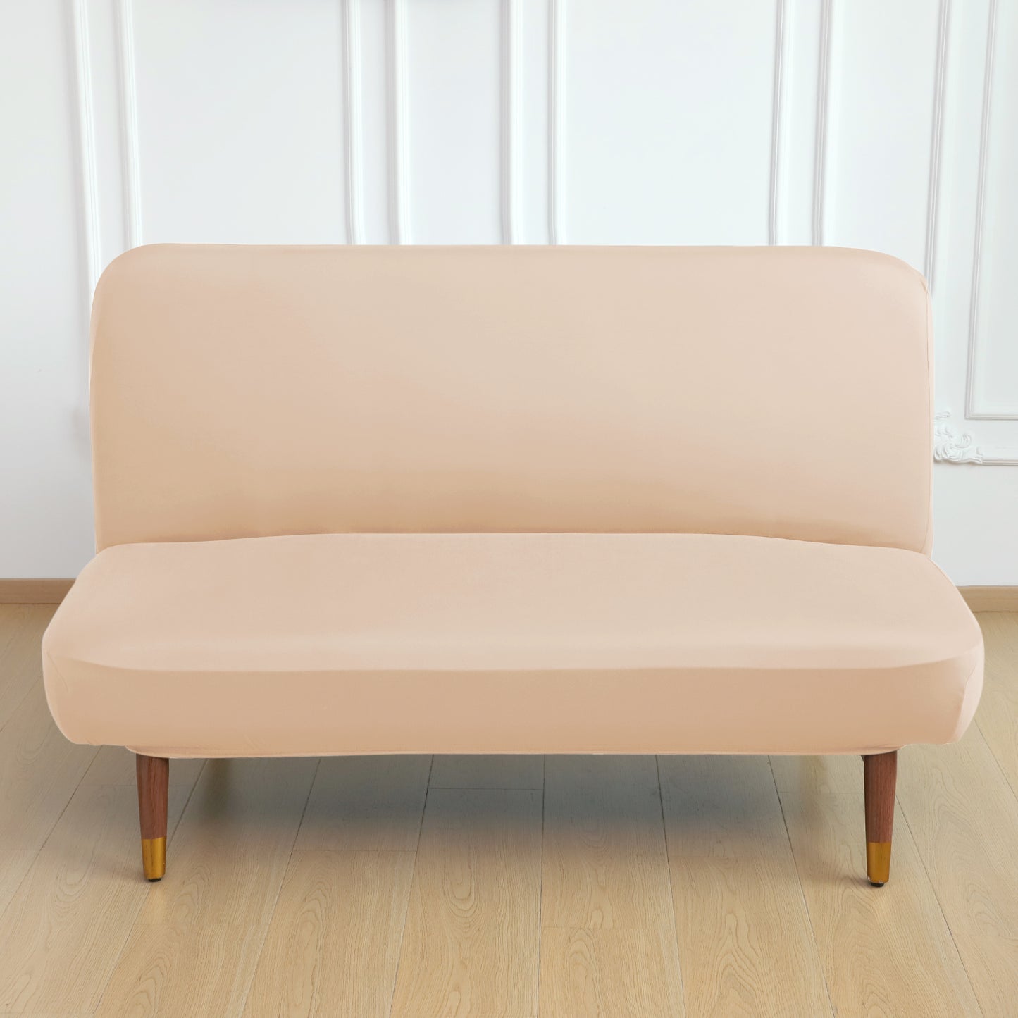 SereneSolids Stretchable Elastic Armless Sofa Cover – 140 GSM, Futon Slipcover, Easy Fit, Beige