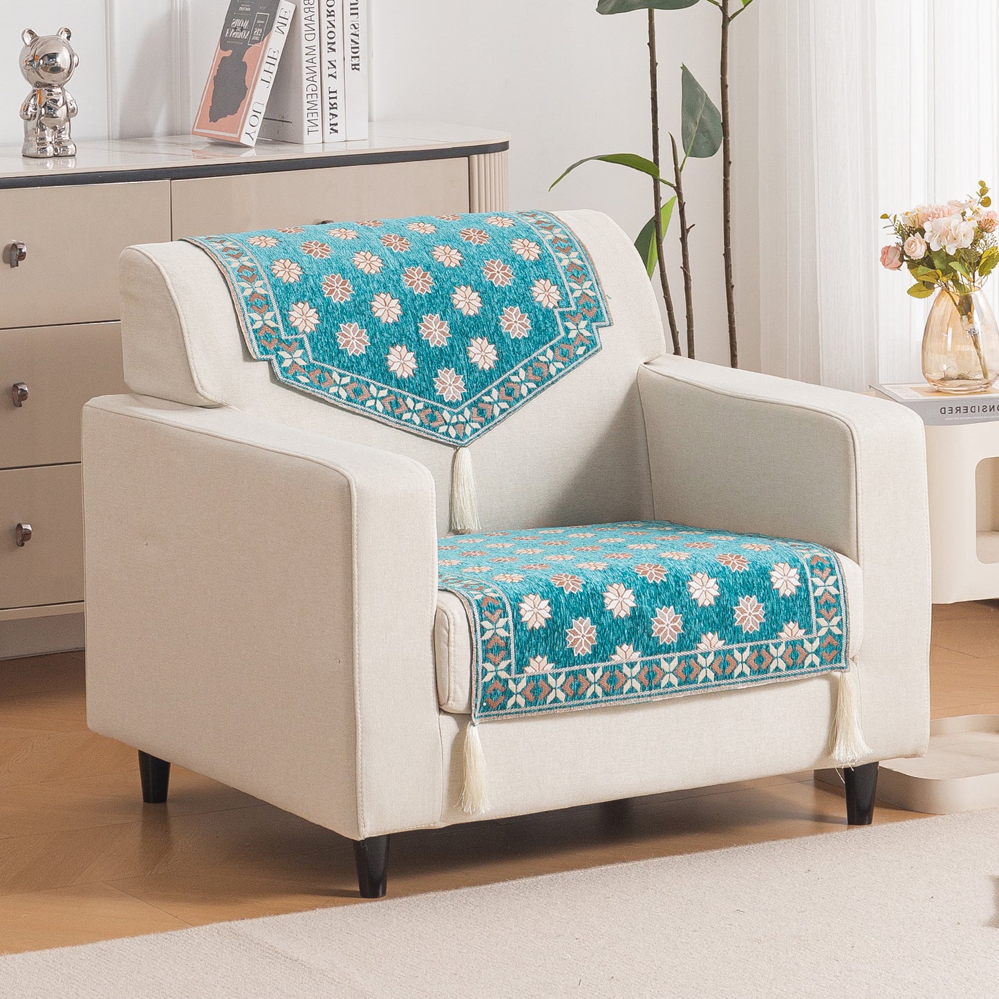 Heritage Weave Premium Jacquard Sofa Cover Set with Tassels - Emerald Teal