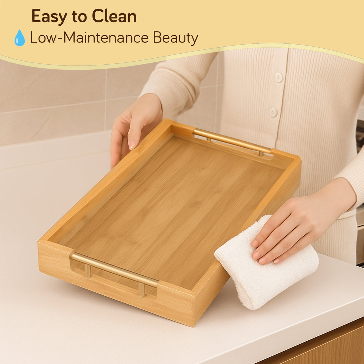 Bamboo Serving Tray Set with Gold Handles | Set of 2