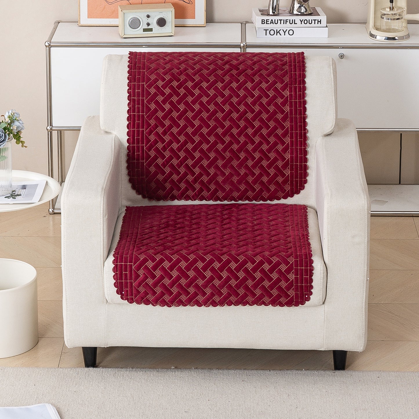 Modern Matrix 5-Seater Reversible Sofa Cover (3+1+1), Merlot Red