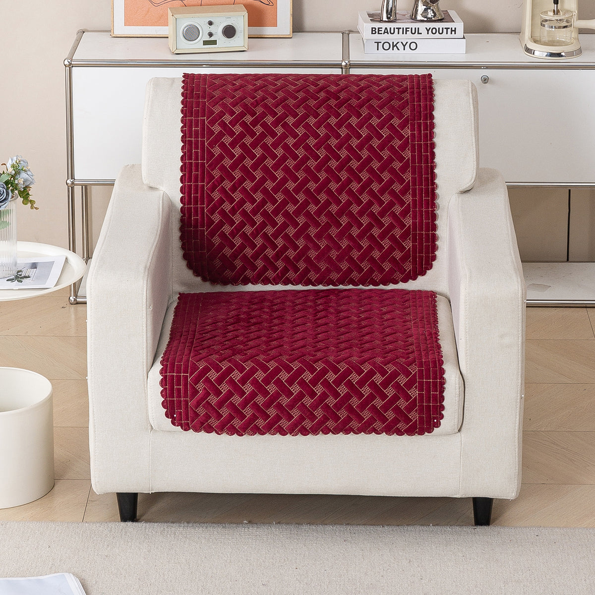 Modern Matrix 5-Seater Reversible Sofa Cover (3+1+1), Merlot Red