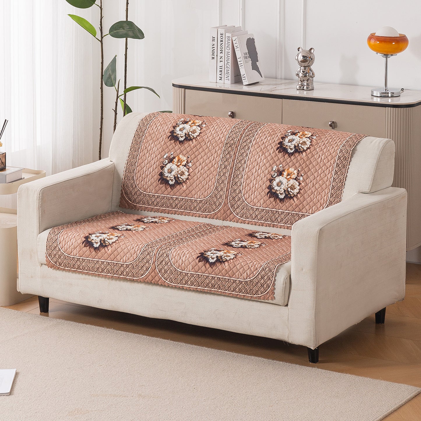 LoomVerse Quilted Sofa Cover Set Washable Sofa Panel for Seat & Back - Vintage Rosette
