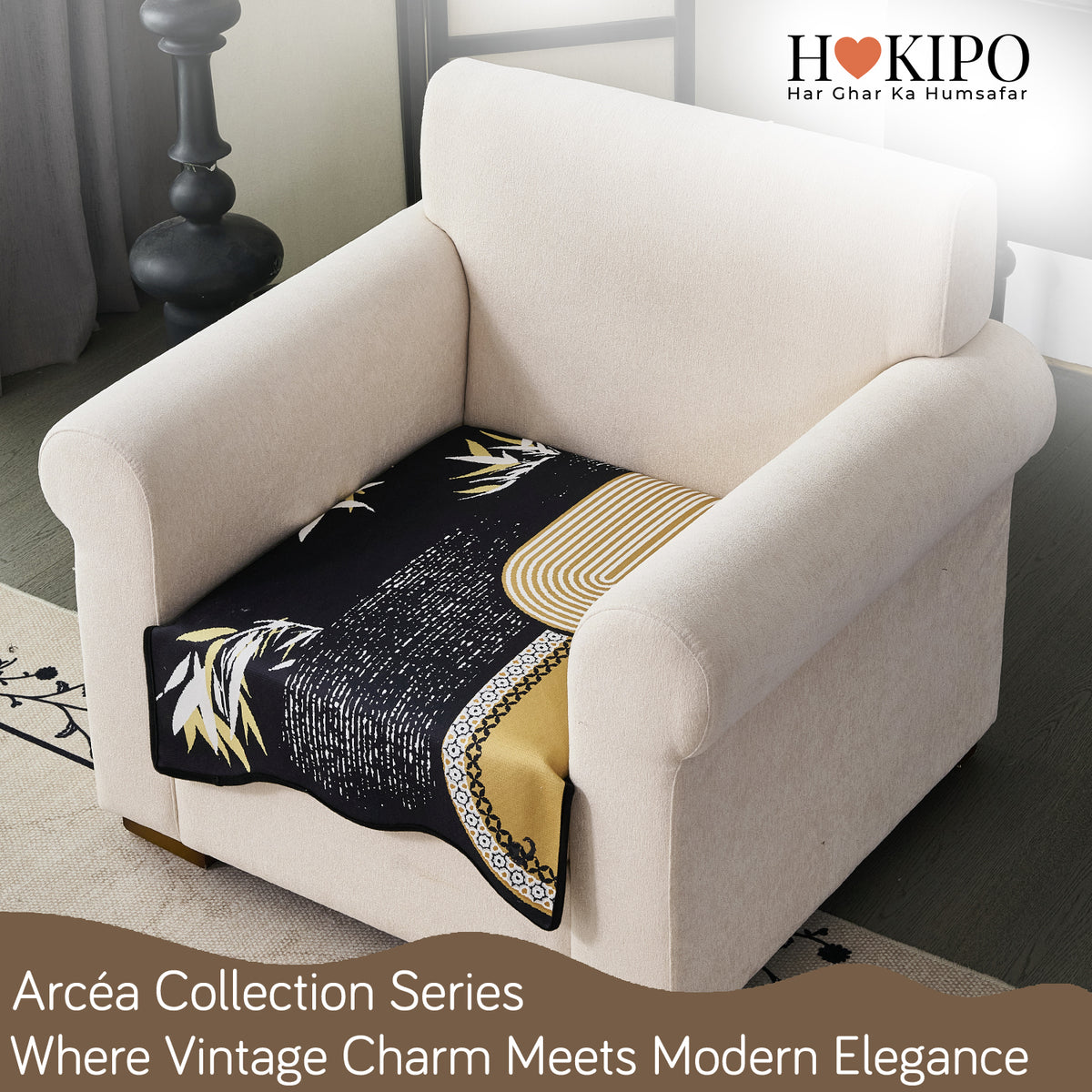 Arcea Chenille With Curved Edges Sofa Cover Mat, Mustard Gold Tribal