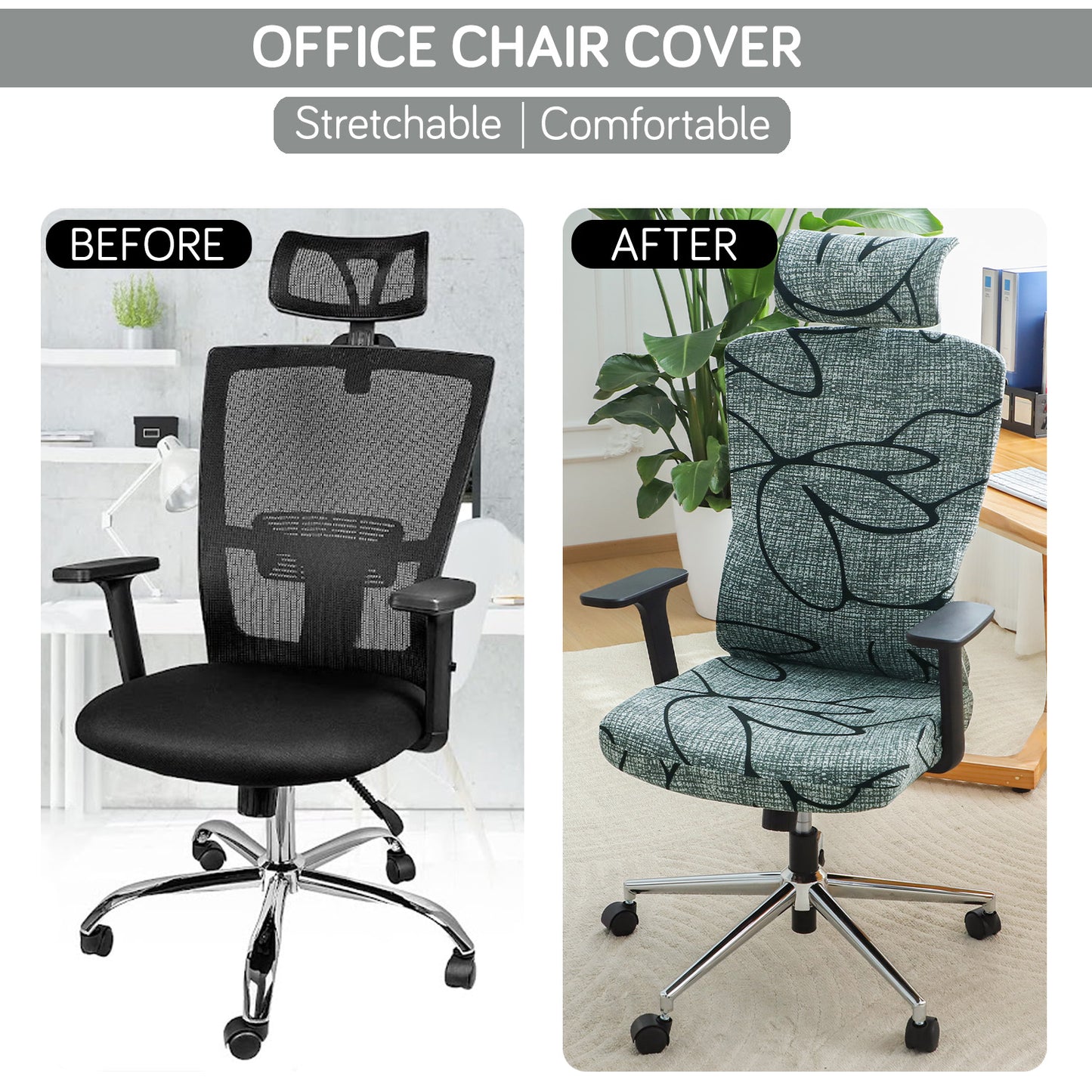 Printed Office Chair Cover with Headrest (High-Back) – 140 GSM Stretch Fabric – Washable, Anti-Slip Fit for Ergonomic Mesh Office Chairs, Intense Grey Abstract Floral