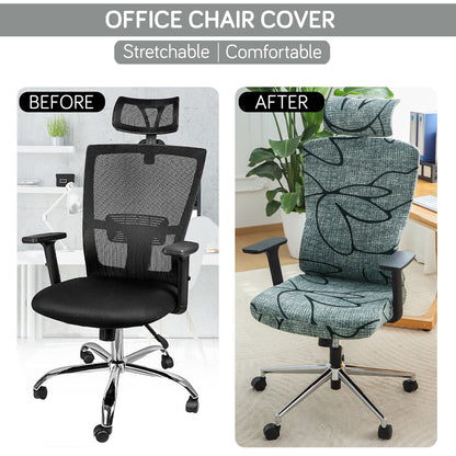 Printed Office Chair Cover with Headrest (High-Back) – 140 GSM Stretch Fabric – Washable, Anti-Slip Fit for Ergonomic Mesh Office Chairs, Intense Grey Abstract Floral