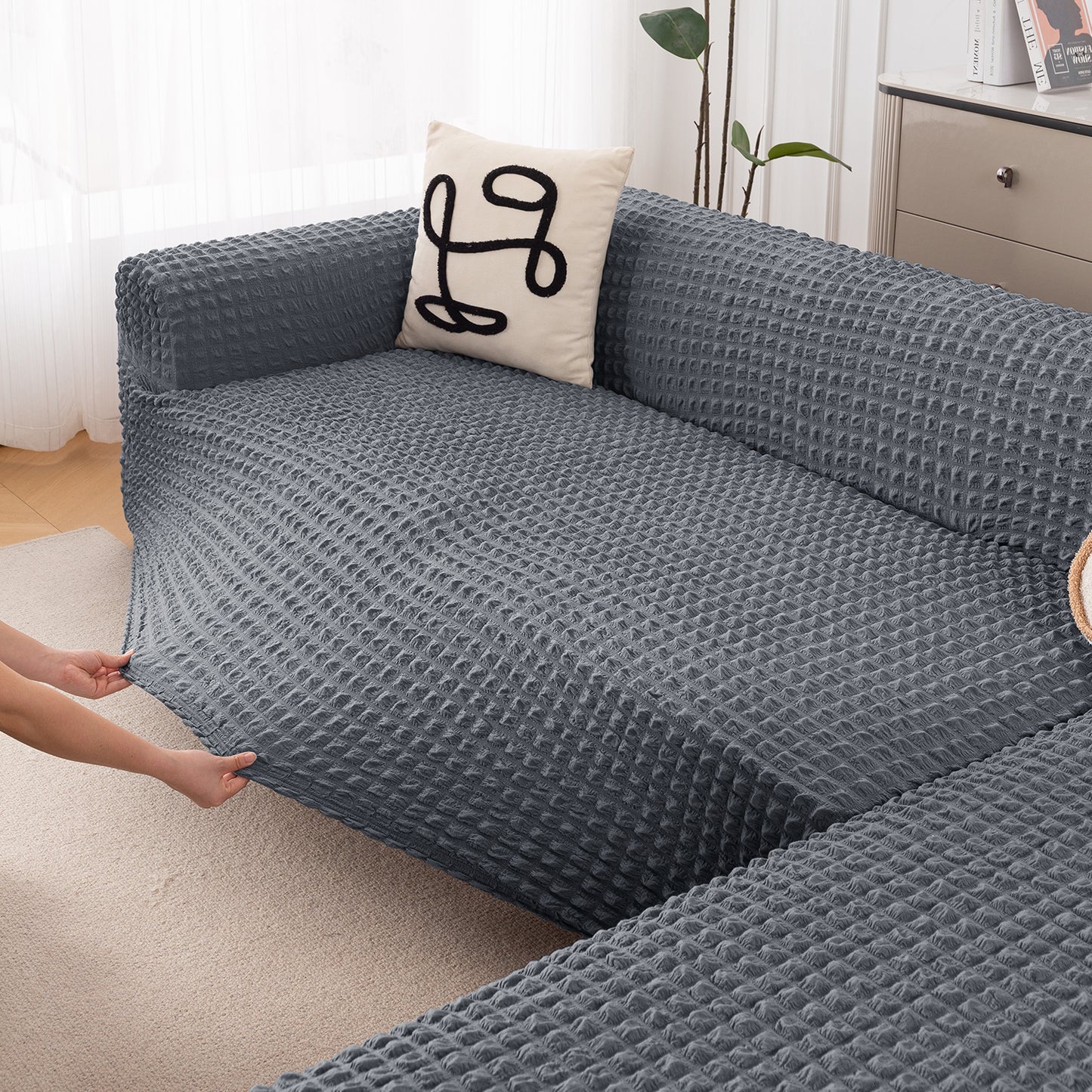 Aria Nova Bubble 2-Piece Stretchable L Shape Sofa Cover with Right Chaise, Dark Grey