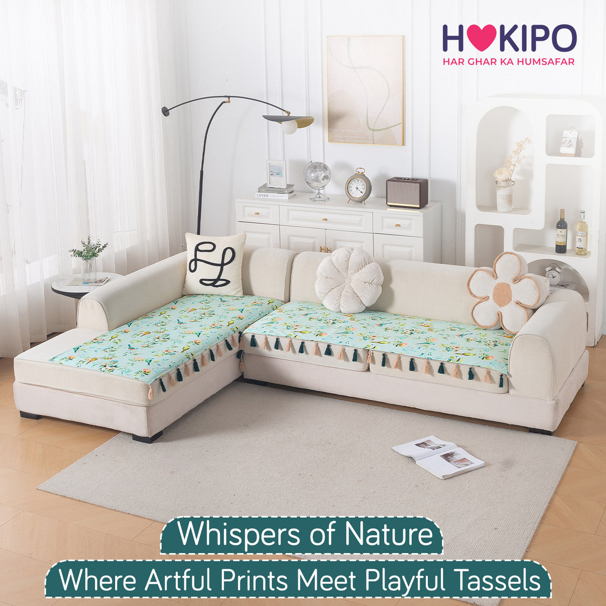 Whispers of Nature' Series Holland Velvet L Shape Sofa Cover Seat Mat with Tassels, Mint Birdsong Blossom